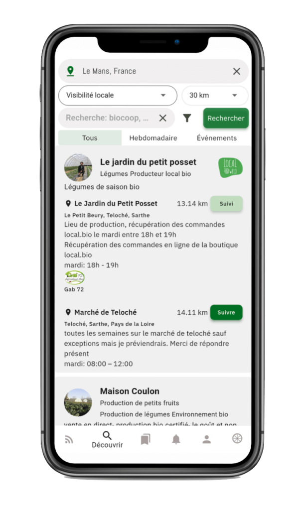 Une capture d'écran de l'application qui montre l'interface découvrir de l'application.