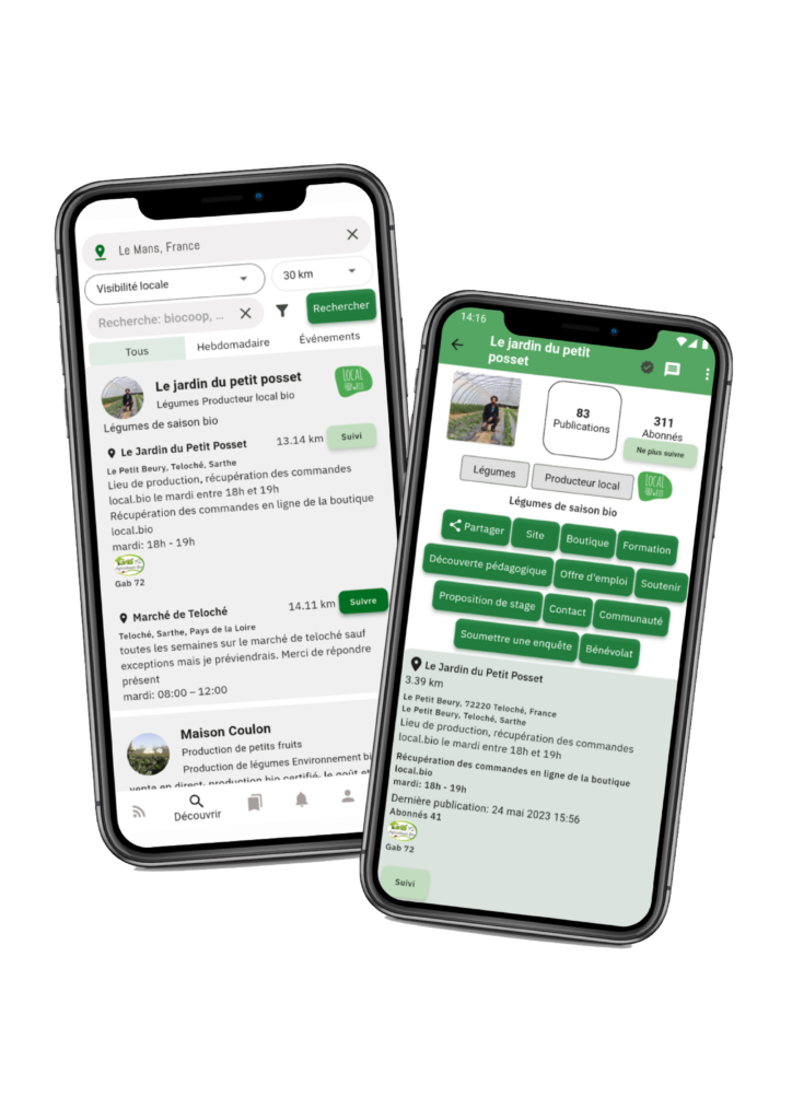 Deux captures d'écrans de l'application Generation Lowcal, l'annuaire local de Baptiste Coulon.