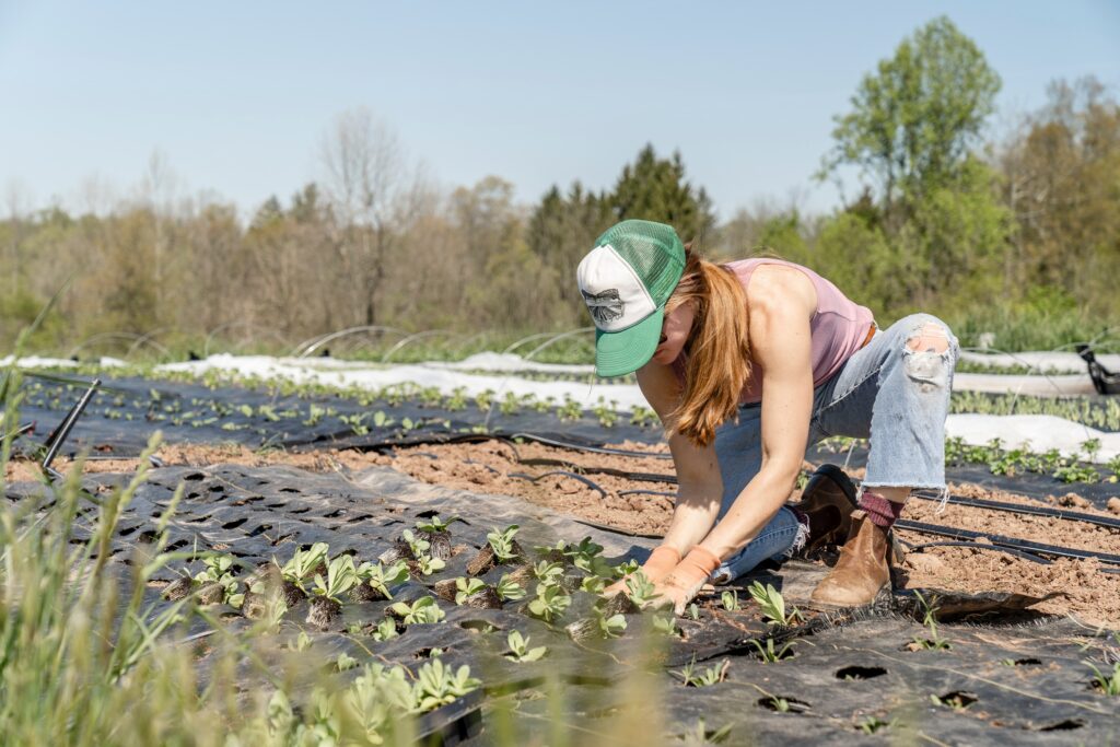 Image d'une femme en train de cultiver ses plantations. Generation Lowcal, l'annuaire local.